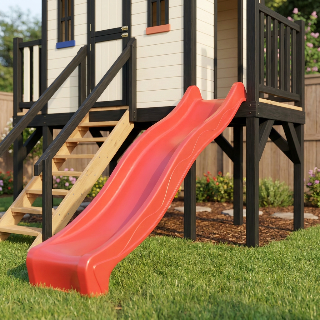 Backyard Castle Playhouse with Slide and Elevated Deck