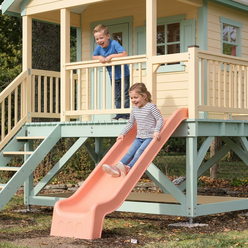 Peach-Colored Playhouse with Slide and Entry Stairs