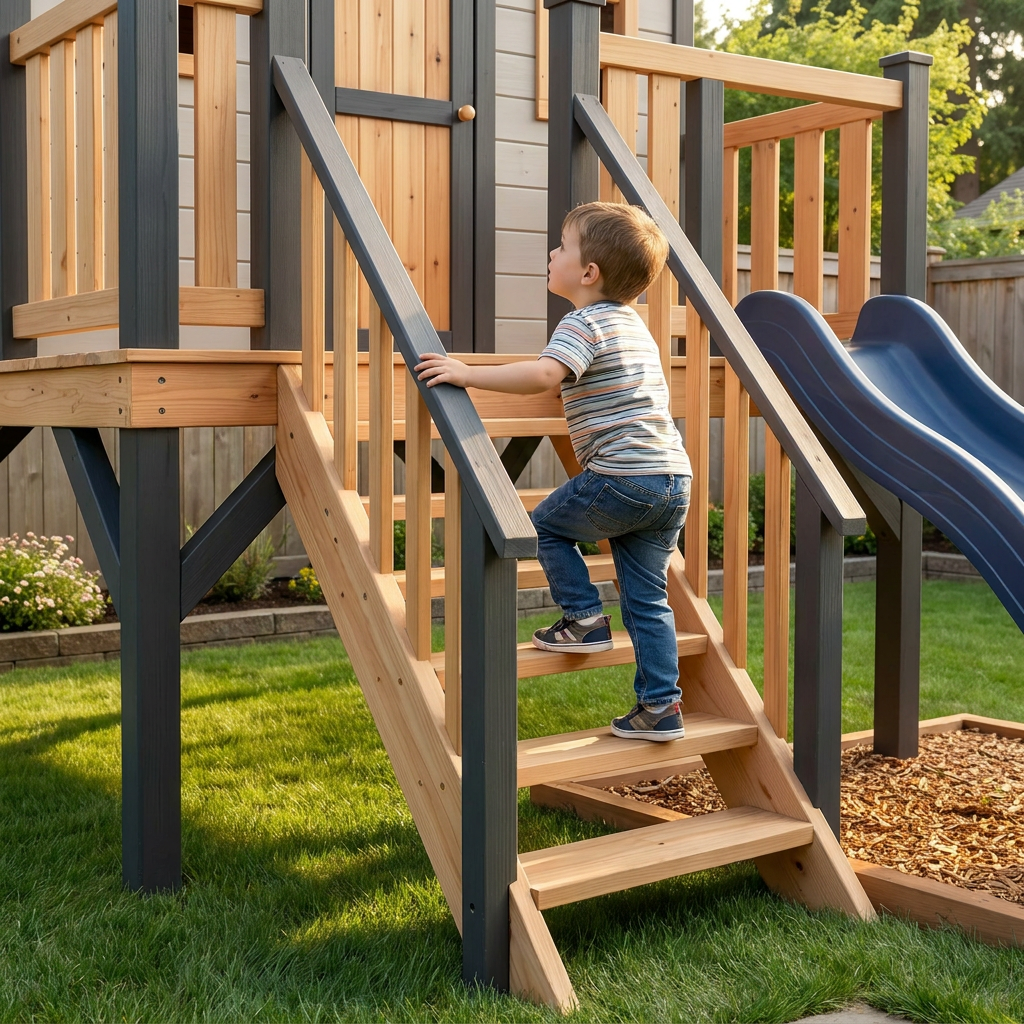 Wooden Kids Castle Playhouse with Blue Wave Slide