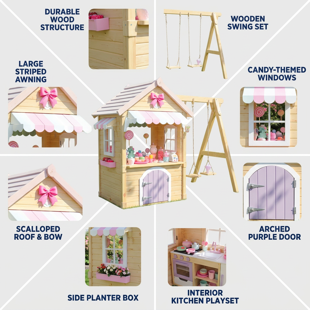 Candy-Themed Kids Playhouse with Swing Set