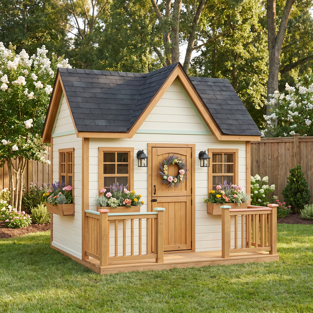 Wooden Garden Cottage Playhouse with Front Porch