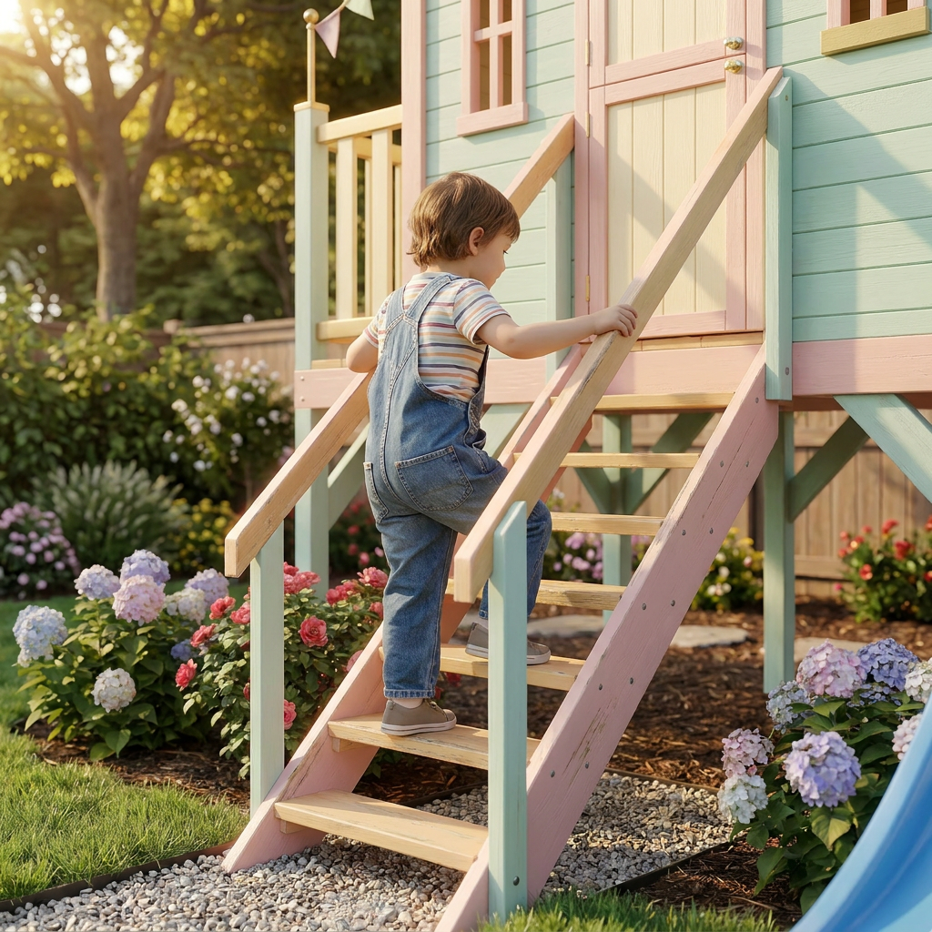 Pastel Castle Playhouse with Blue Spiral Slide