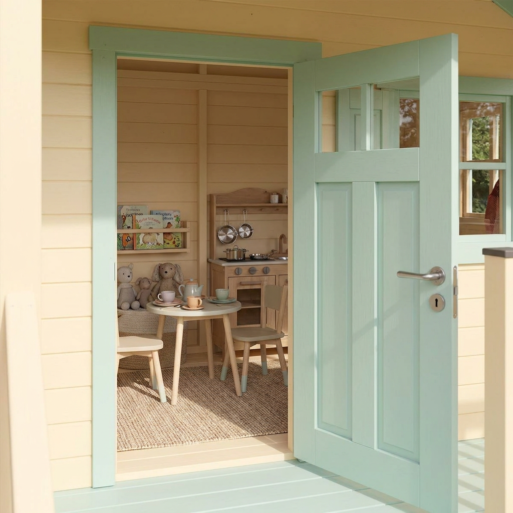 Peach-Colored Playhouse with Slide and Entry Stairs