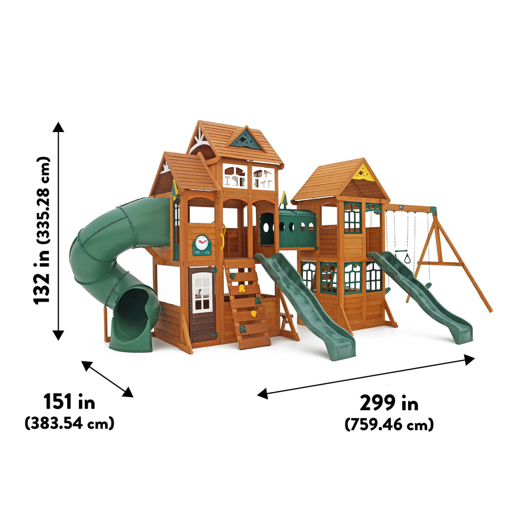 Wooden Outdoor Swing Set with Swings and Wave Slide