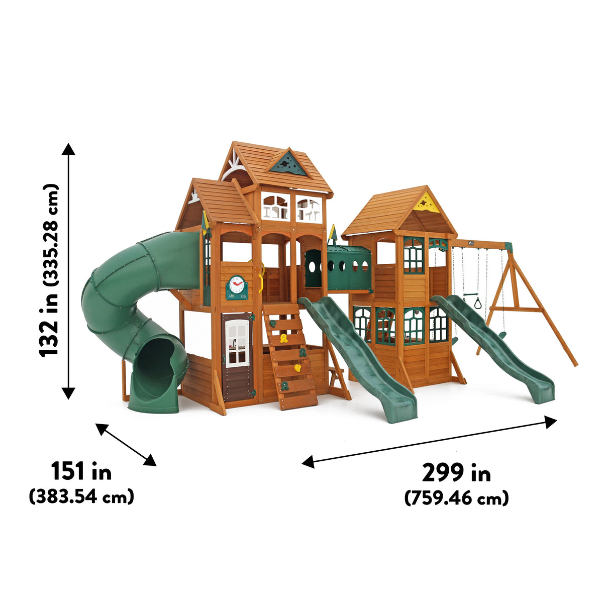 Wooden Outdoor Swing Set with Swings and Wave Slide