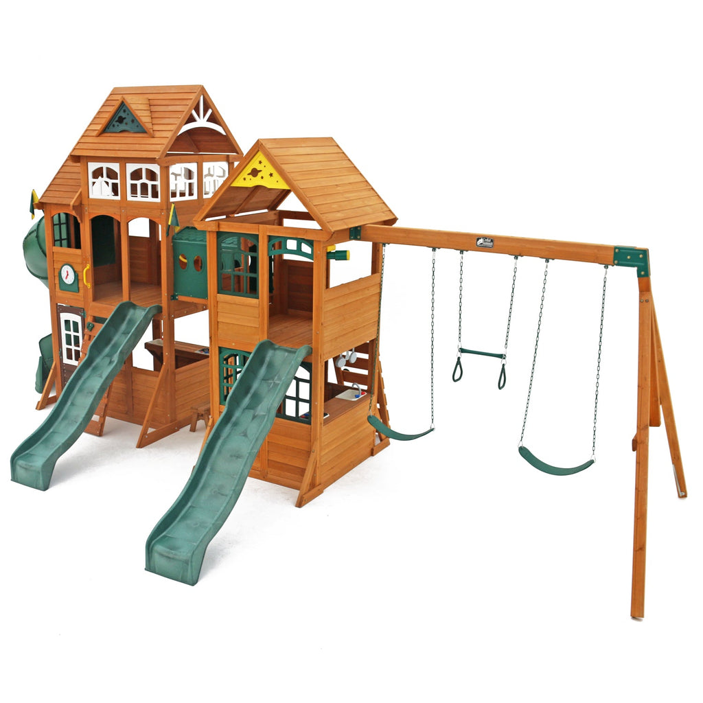 Wooden Outdoor Swing Set with Swings and Wave Slide