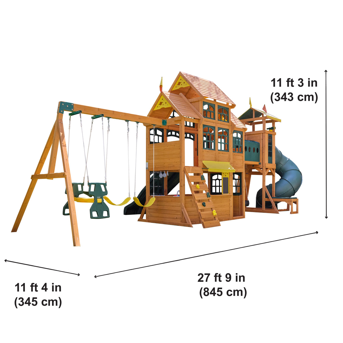 Wooden Outdoor Swing Set with Swings and Wave Slide