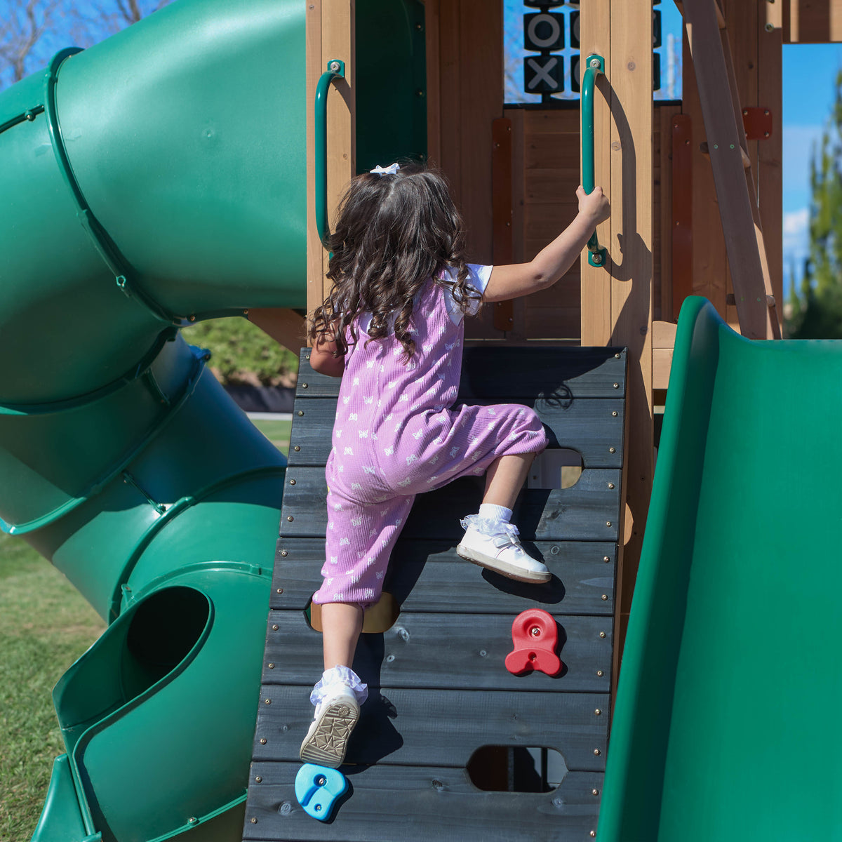 Wooden Outdoor Swing Set with Swings and Wave Slide
