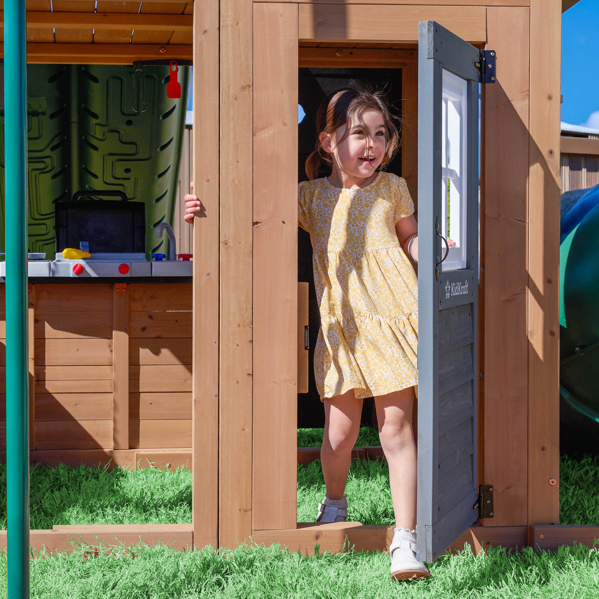 Wooden Outdoor Swing Set with Swings and Wave Slide
