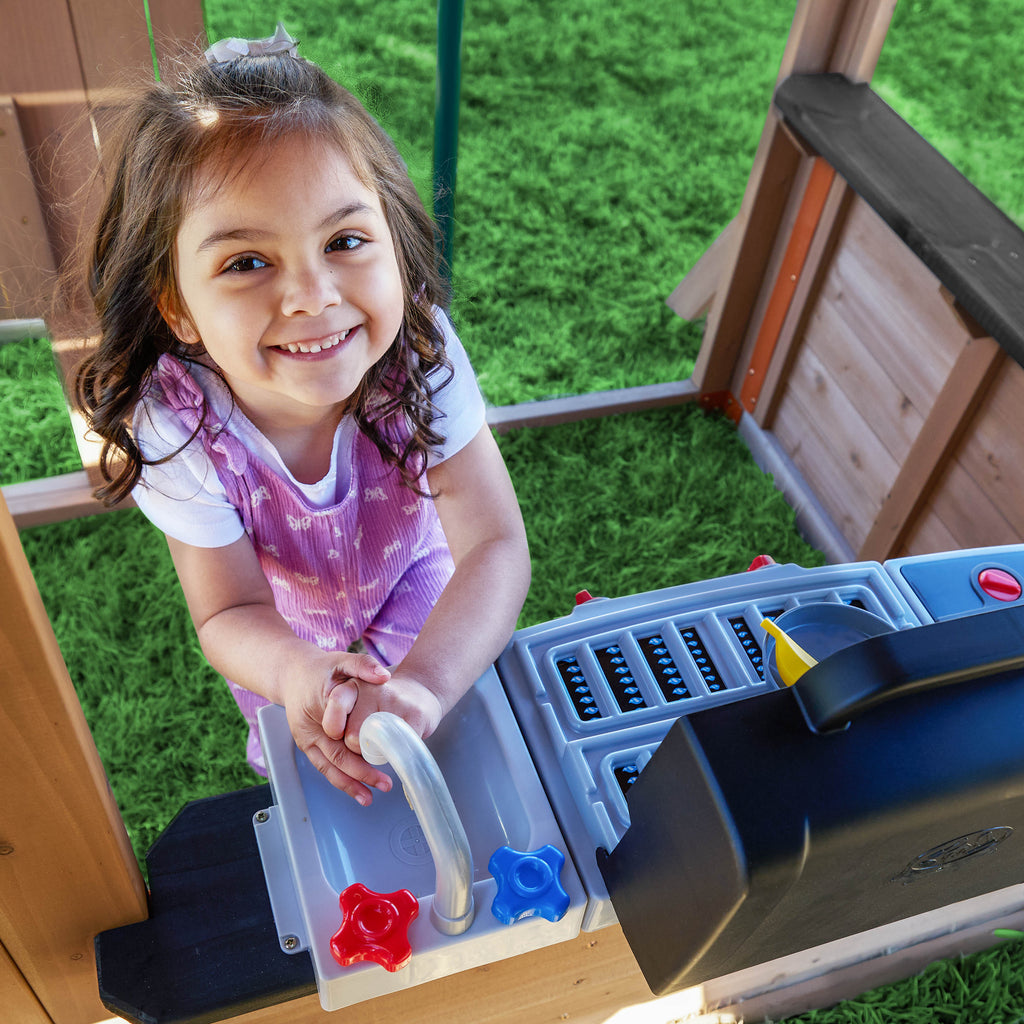 Wooden Outdoor Swing Set with Swings and Wave Slide