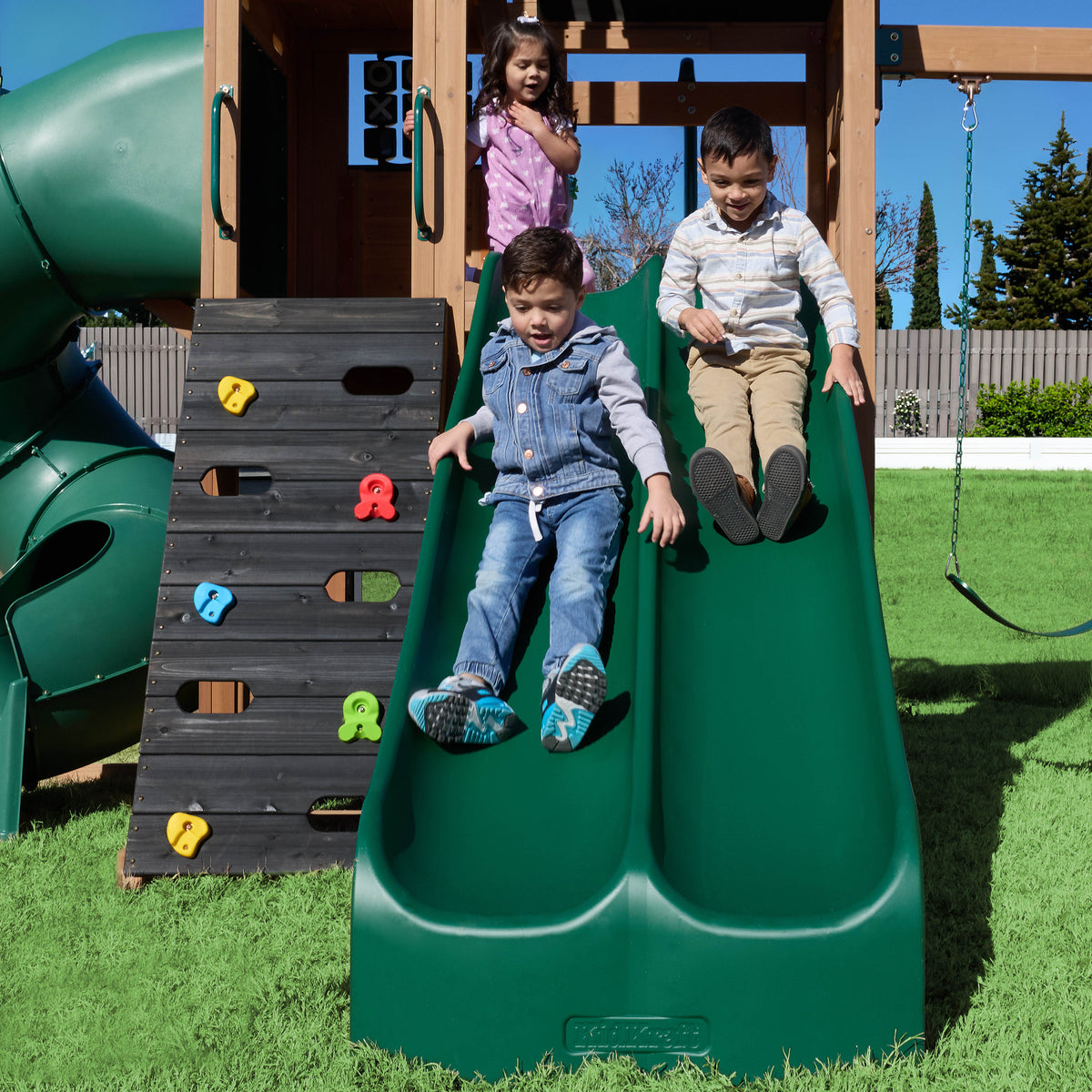 Wooden Outdoor Swing Set with Swings and Wave Slide