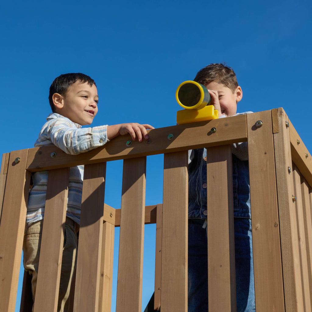 Wooden Outdoor Swing Set with Swings and Wave Slide