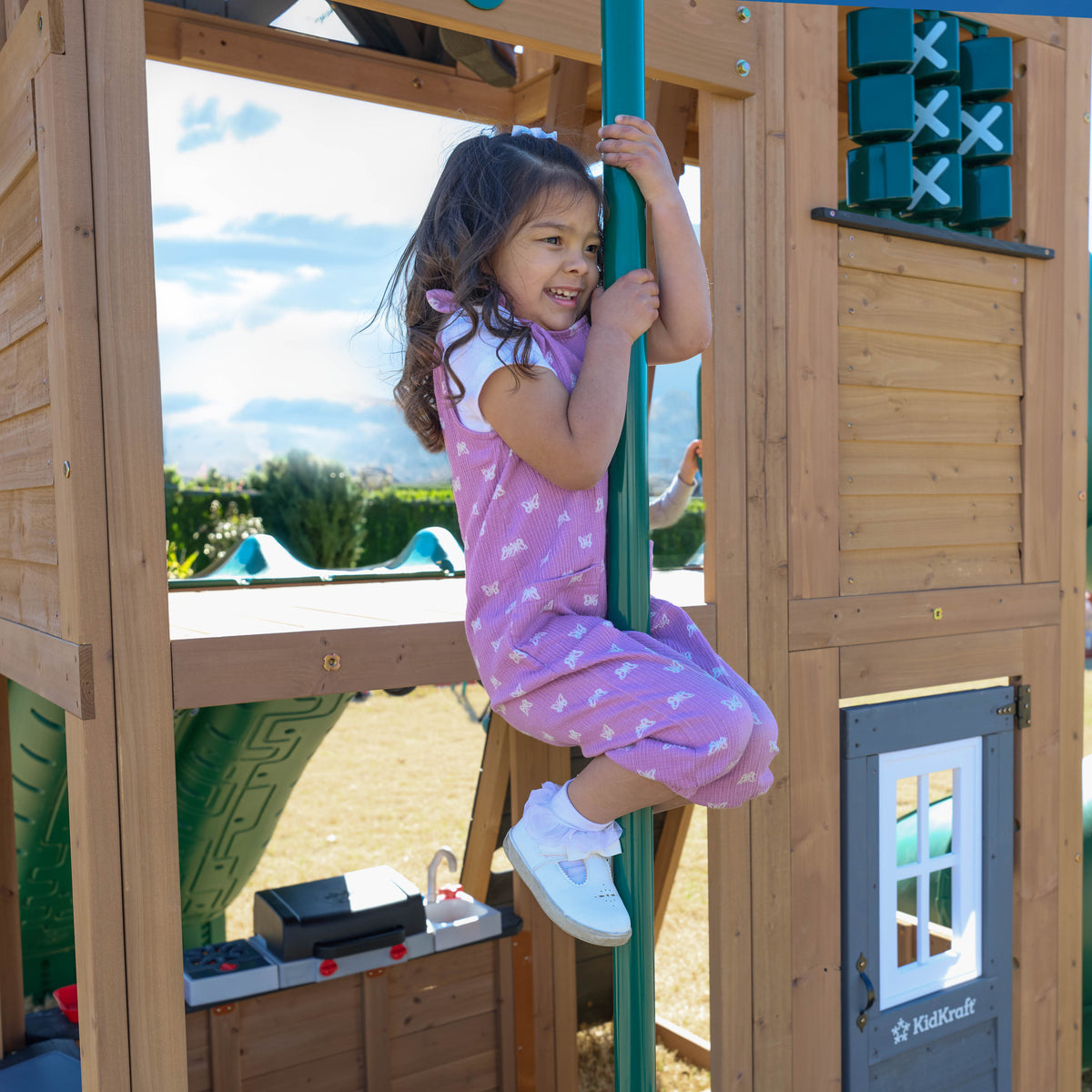 Wooden Outdoor Swing Set with Swings and Wave Slide