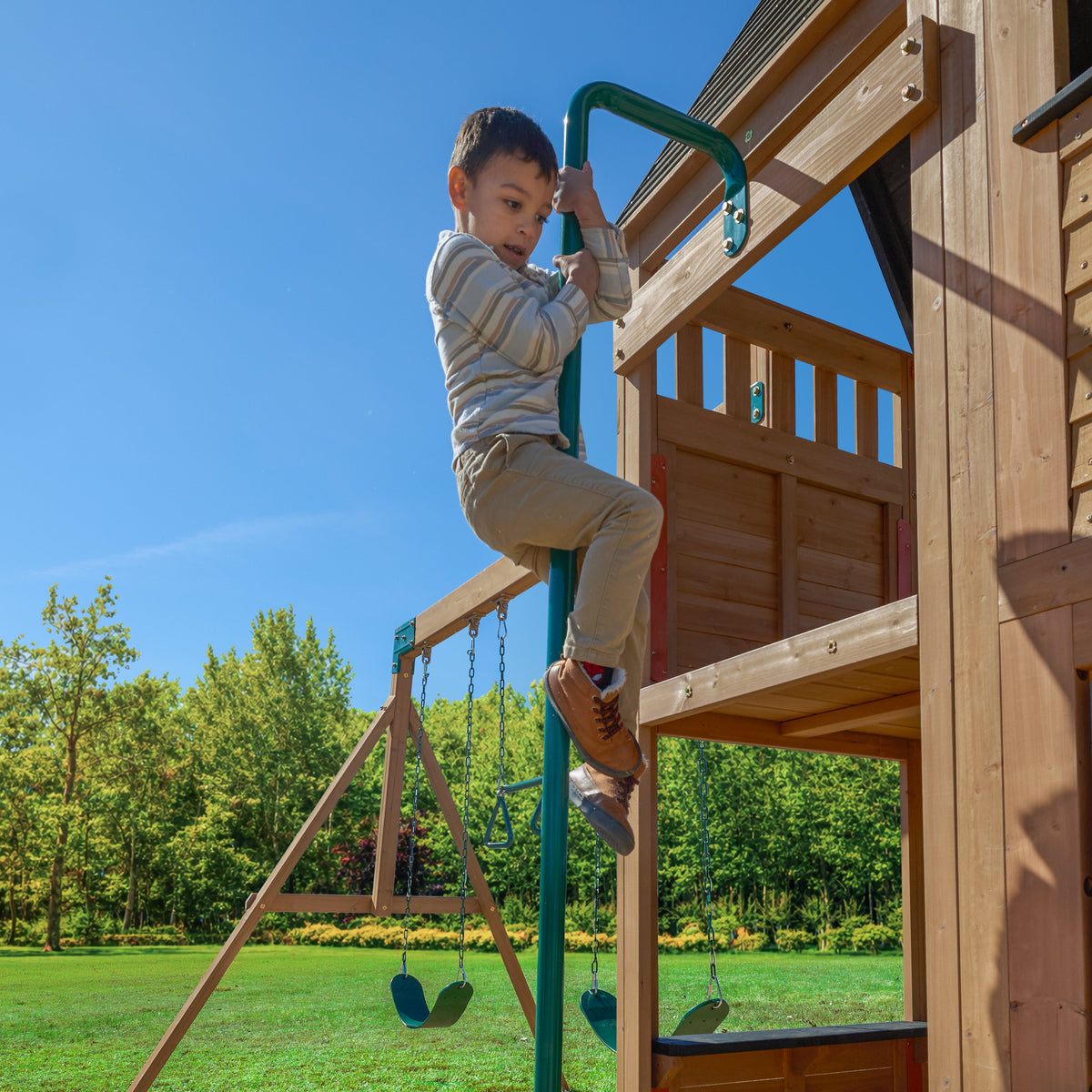 Wooden Outdoor Swing Set with Swings and Wave Slide