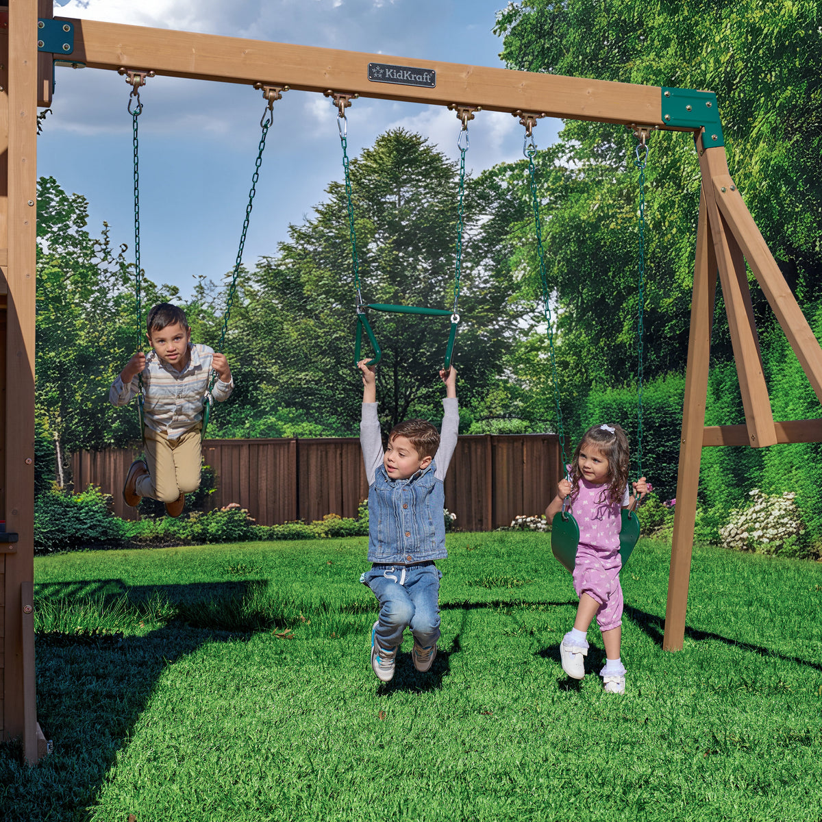 Wooden Outdoor Swing Set with Swings and Wave Slide