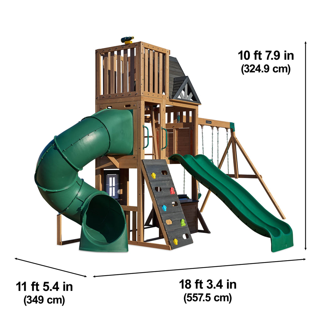 Wooden Outdoor Swing Set with Swings and Wave Slide