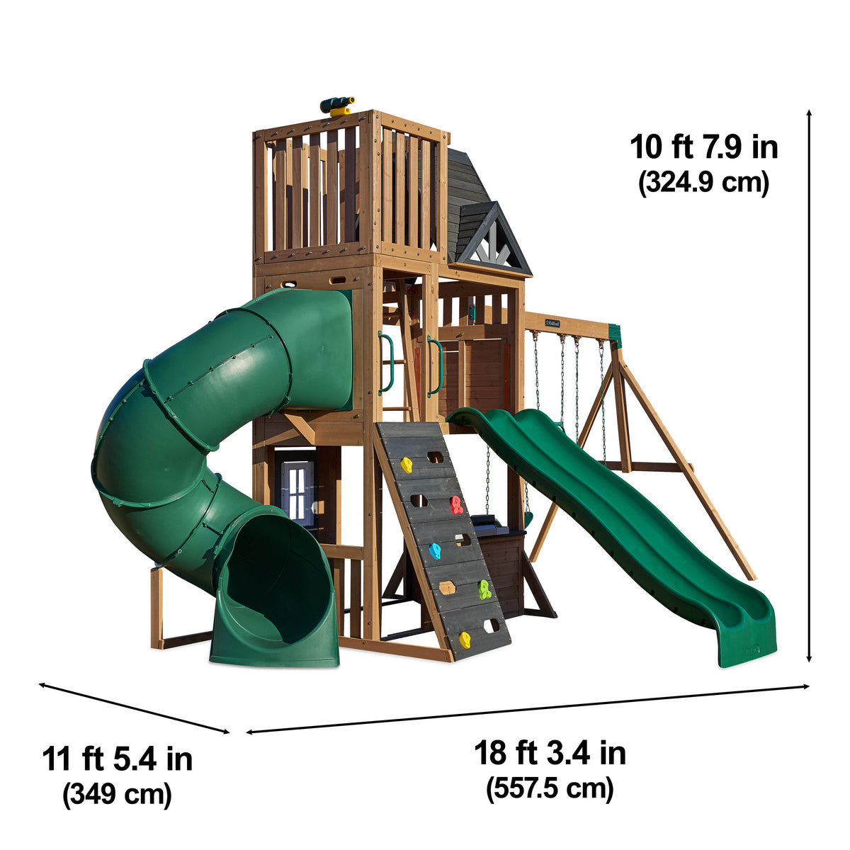 Wooden Outdoor Swing Set with Swings and Wave Slide