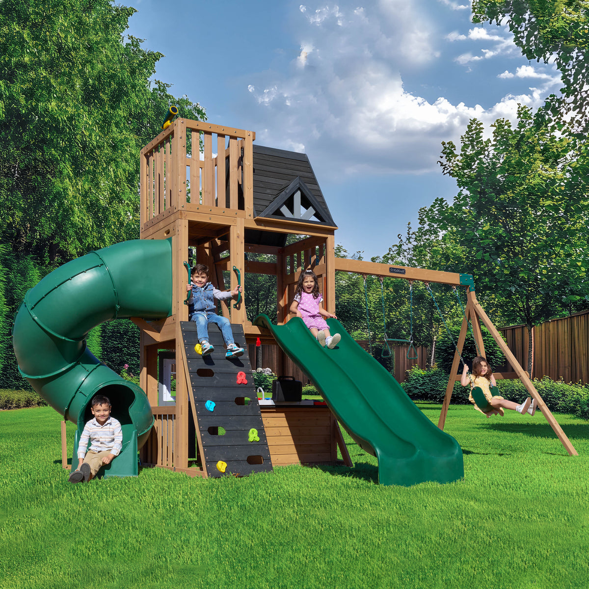 Wooden Outdoor Swing Set with Swings and Wave Slide