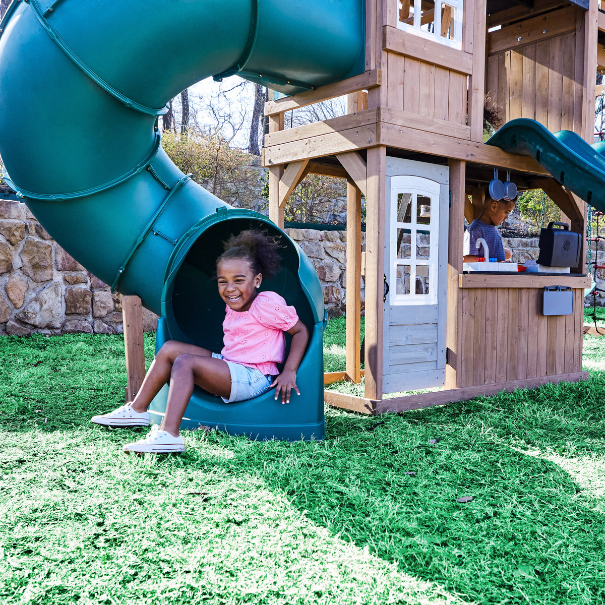 Wooden Outdoor Swing Set with Swings and Wave Slide
