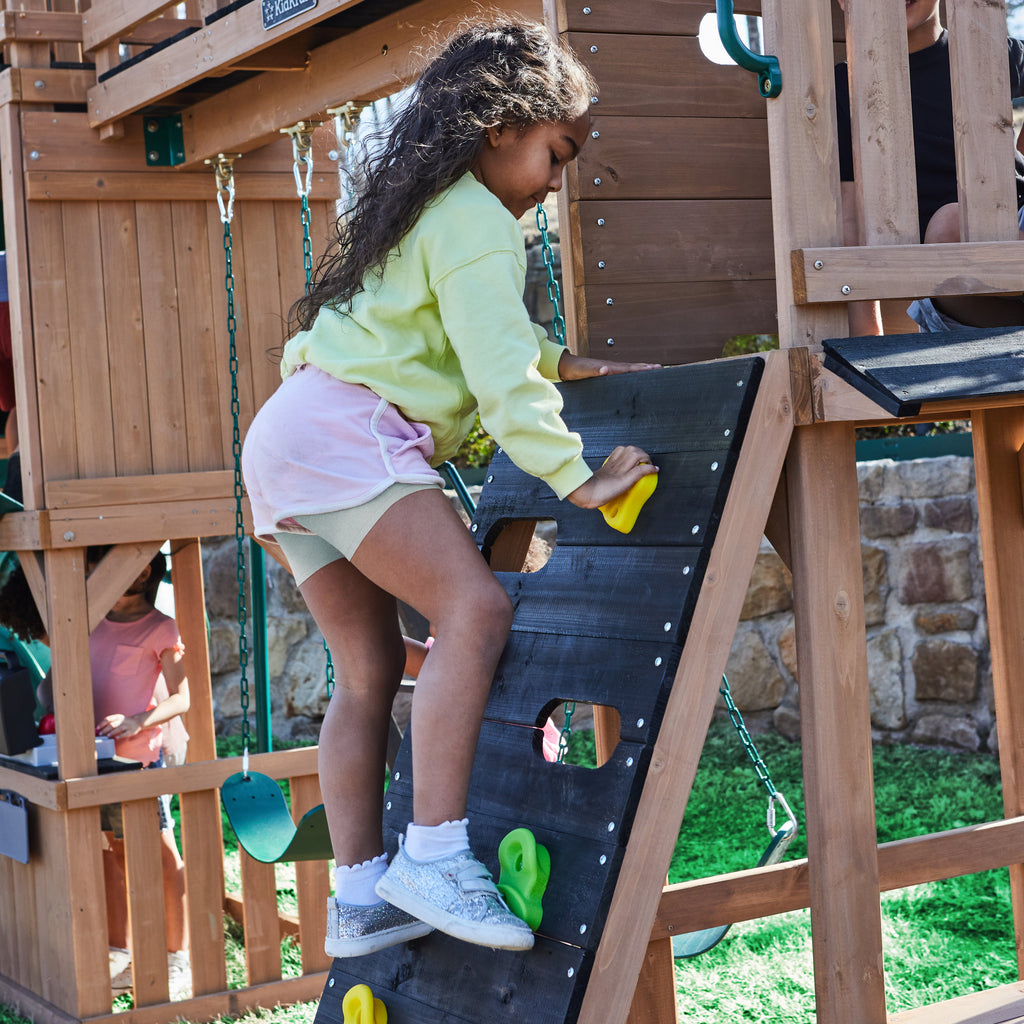 Wooden Outdoor Swing Set with Swings and Wave Slide
