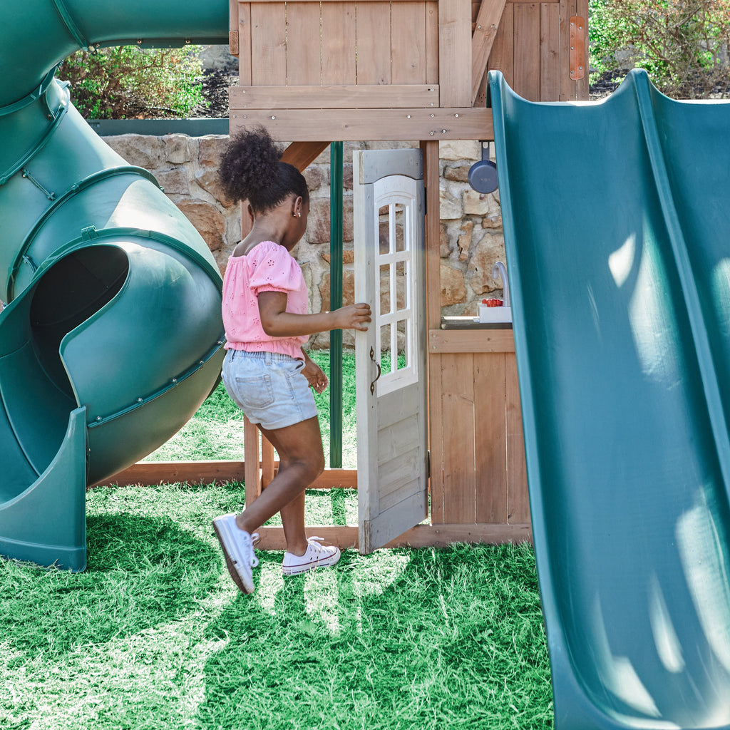 Wooden Outdoor Swing Set with Swings and Wave Slide