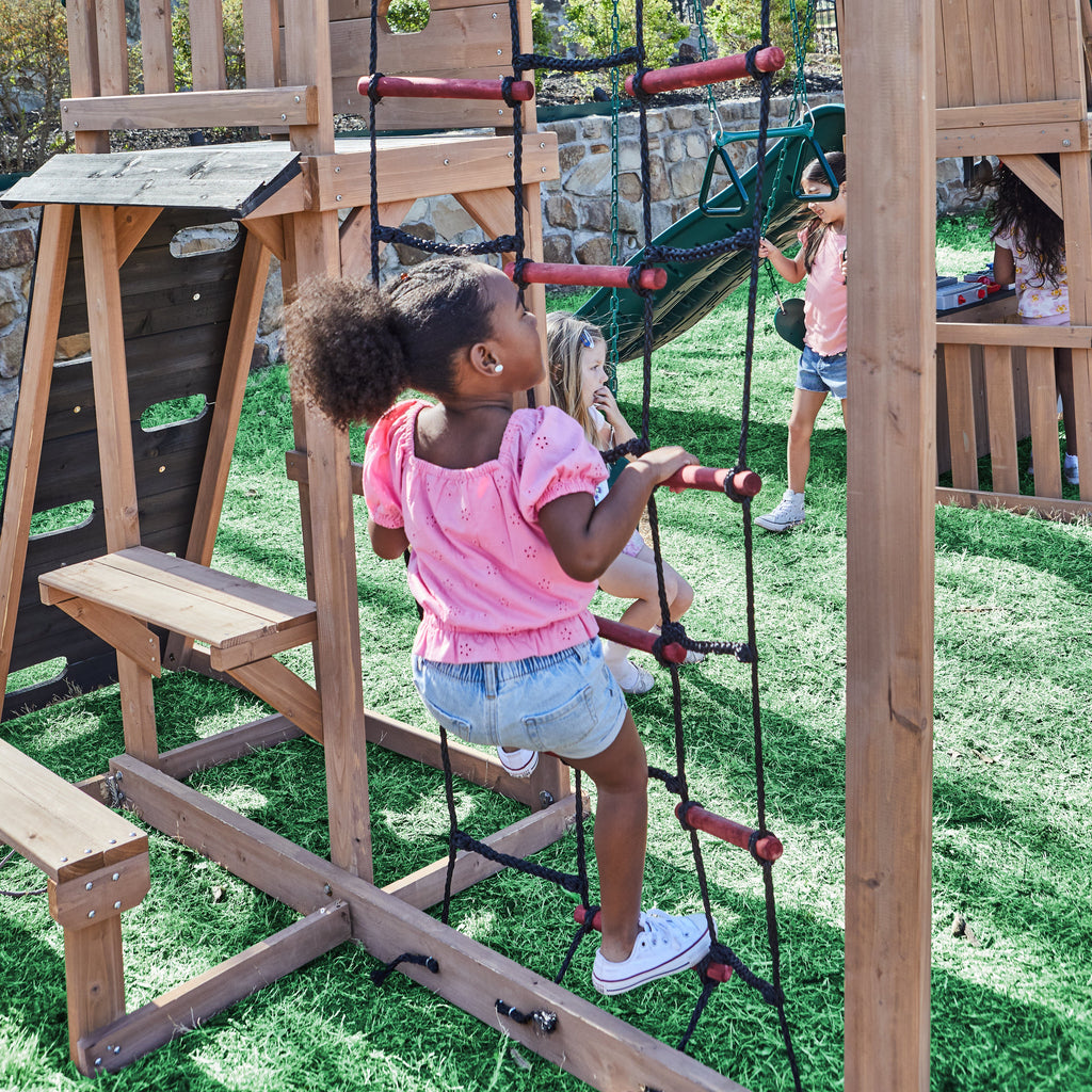 Wooden Outdoor Swing Set with Swings and Wave Slide
