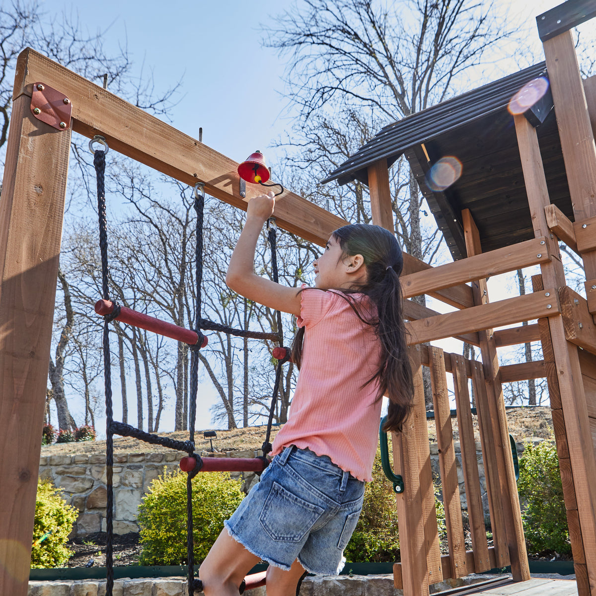 Wooden Outdoor Swing Set with Swings and Wave Slide