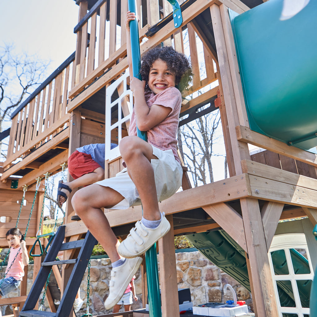 Wooden Outdoor Swing Set with Swings and Wave Slide