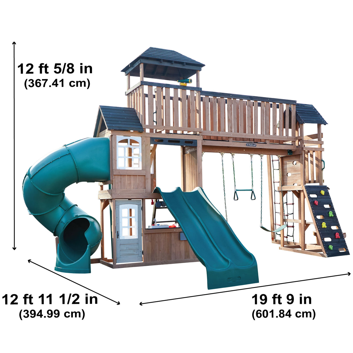 Wooden Outdoor Swing Set with Swings and Wave Slide