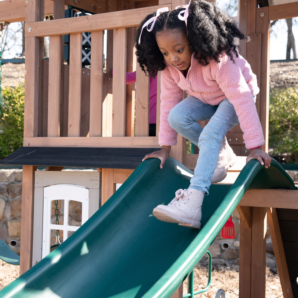 Wooden Outdoor Swing Set with Swings and Wave Slide
