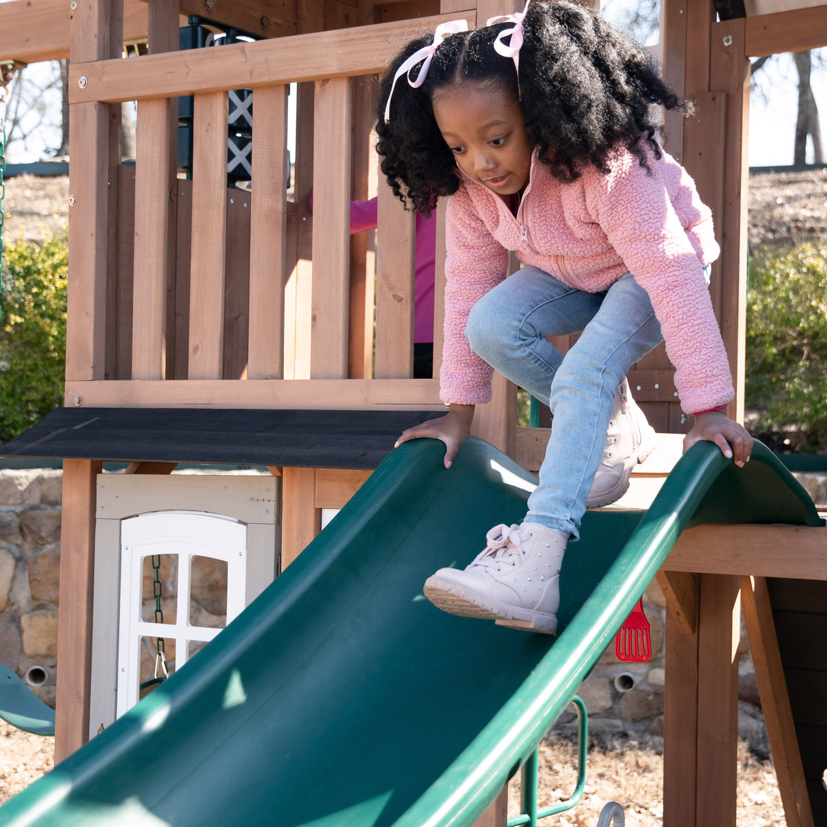 Wooden Outdoor Swing Set with Swings and Wave Slide