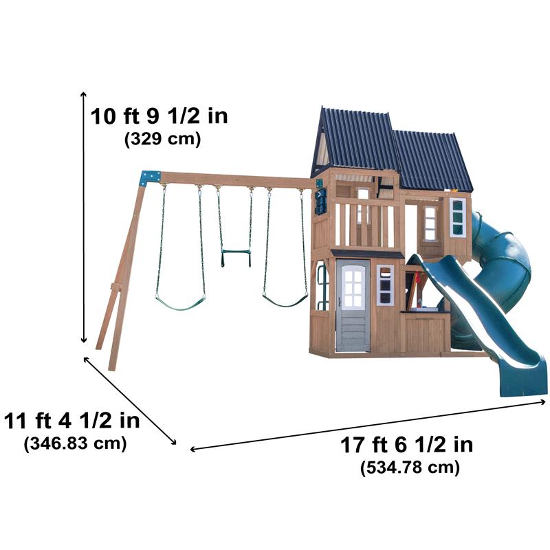 Wooden Outdoor Swing Set with Swings and Wave Slide