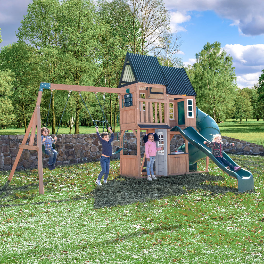 Wooden Outdoor Swing Set with Swings and Wave Slide