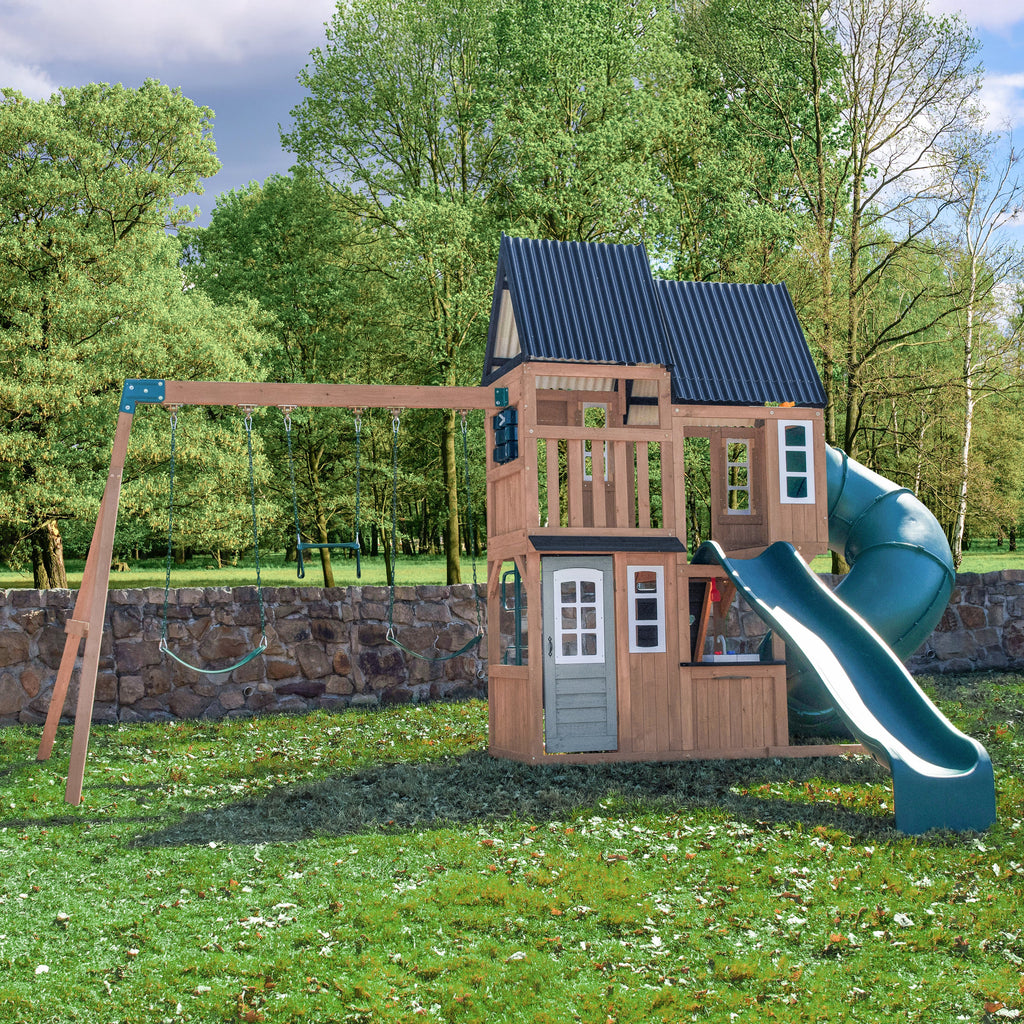 Wooden Outdoor Swing Set with Swings and Wave Slide