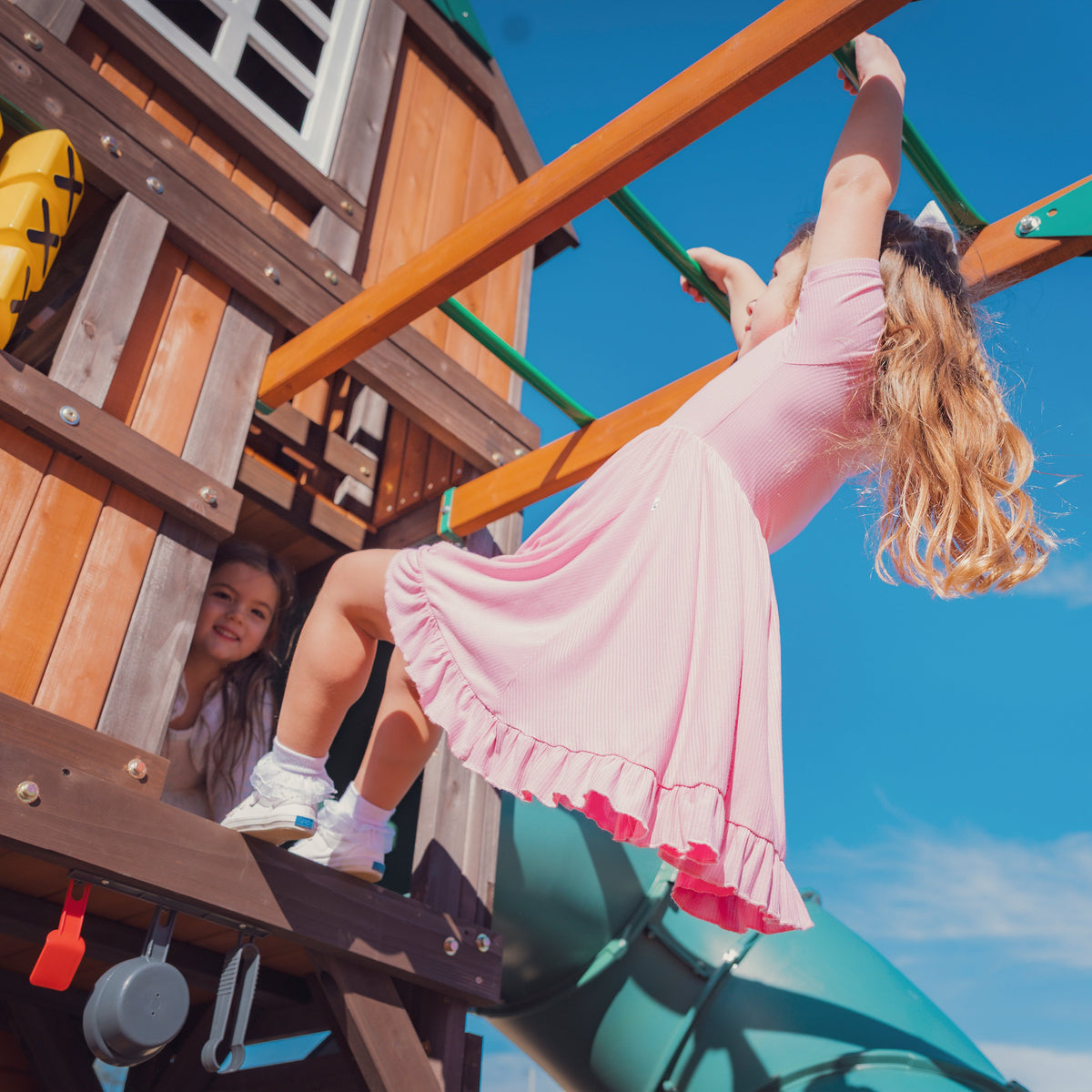 Wooden Outdoor Swing Set with Swings and Wave Slide