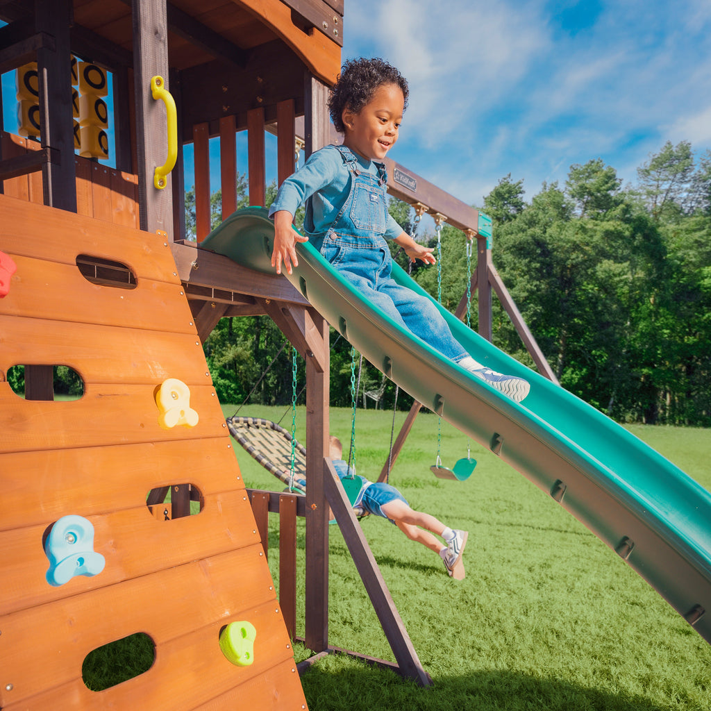 Wooden Outdoor Swing Set with Swings and Wave Slide