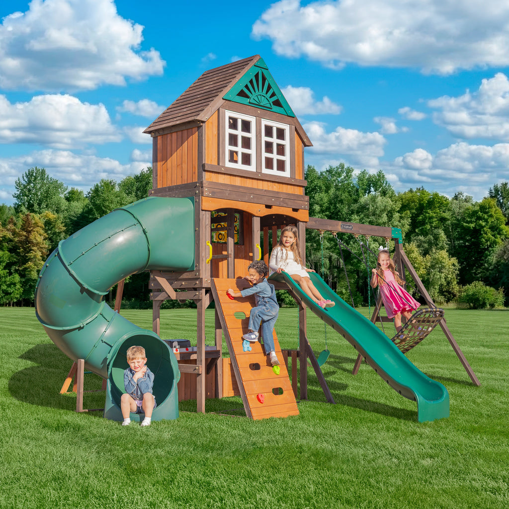 Wooden Outdoor Swing Set with Swings and Wave Slide