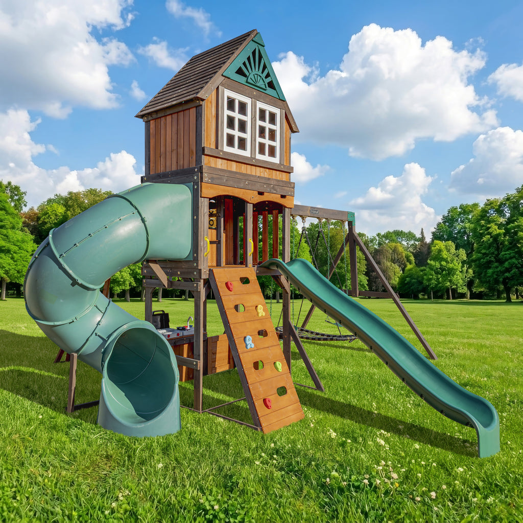 Wooden Outdoor Swing Set with Swings and Wave Slide