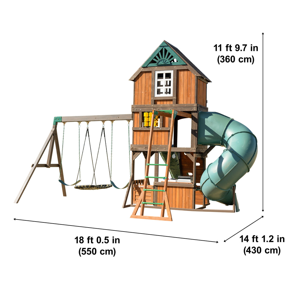Wooden Outdoor Swing Set with Swings and Wave Slide