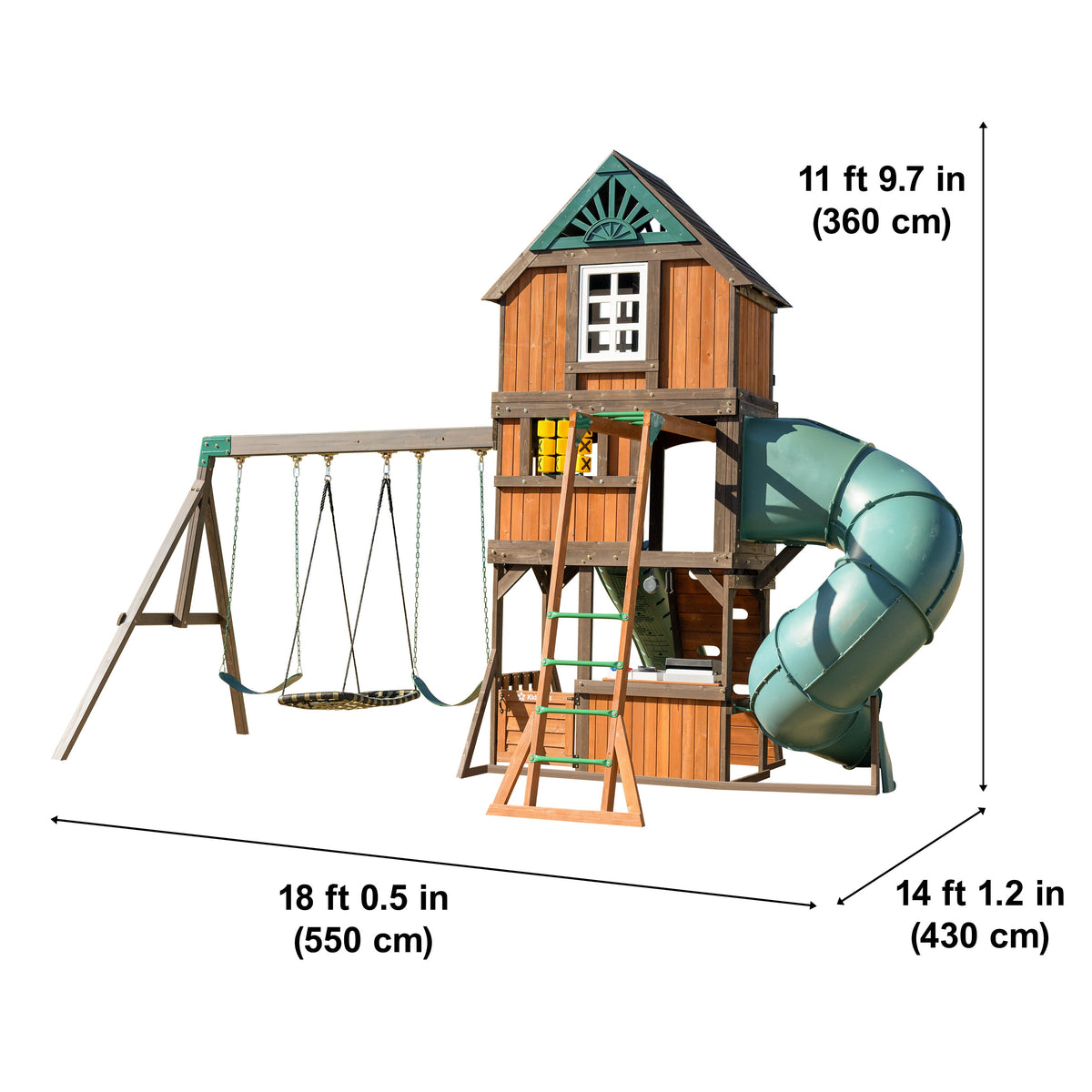 Wooden Outdoor Swing Set with Swings and Wave Slide