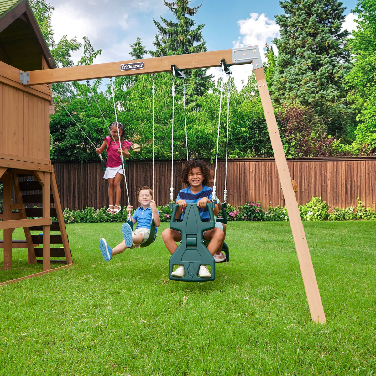 Wooden Outdoor Swing Set with Swings and Wave Slide