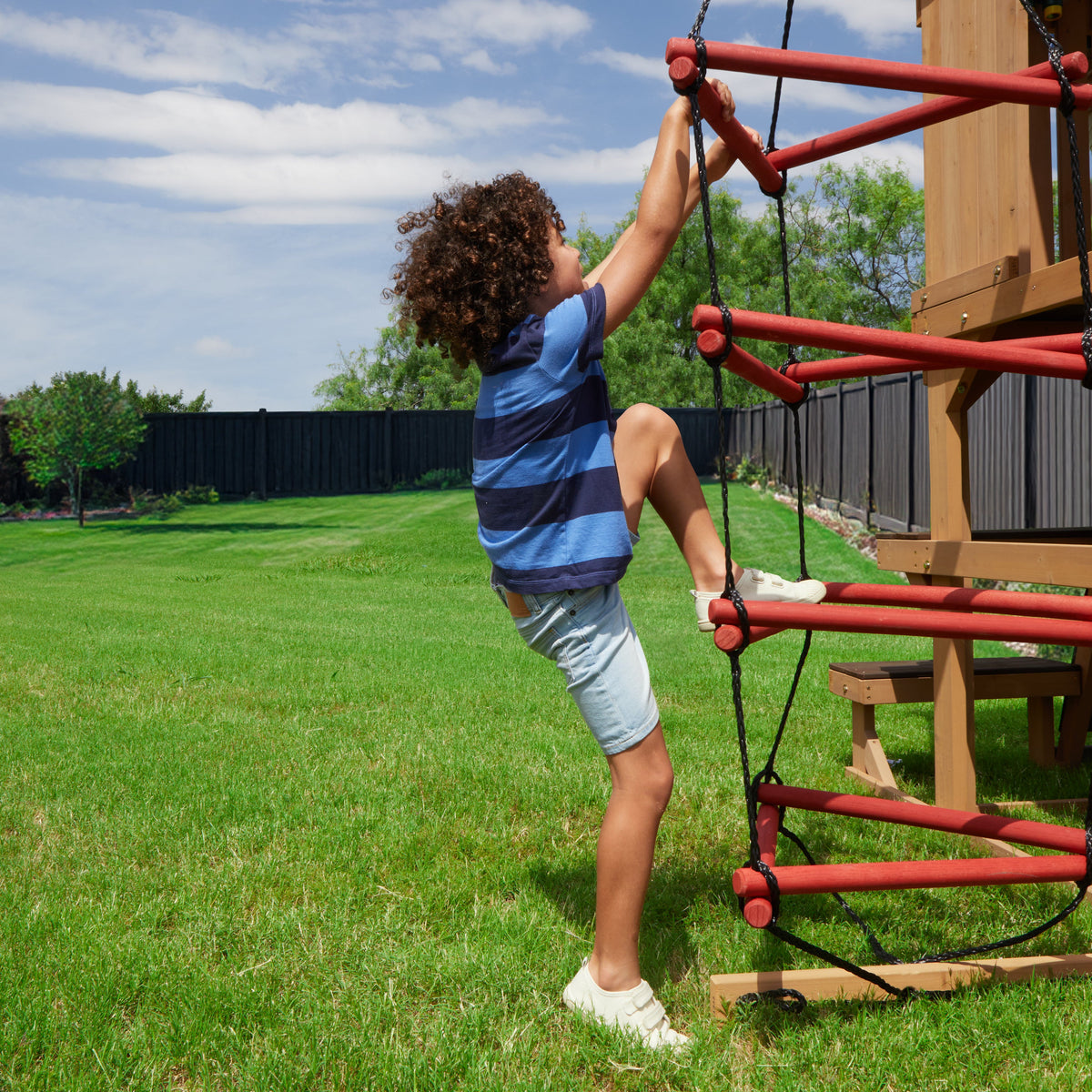 Wooden Outdoor Swing Set with Swings and Wave Slide