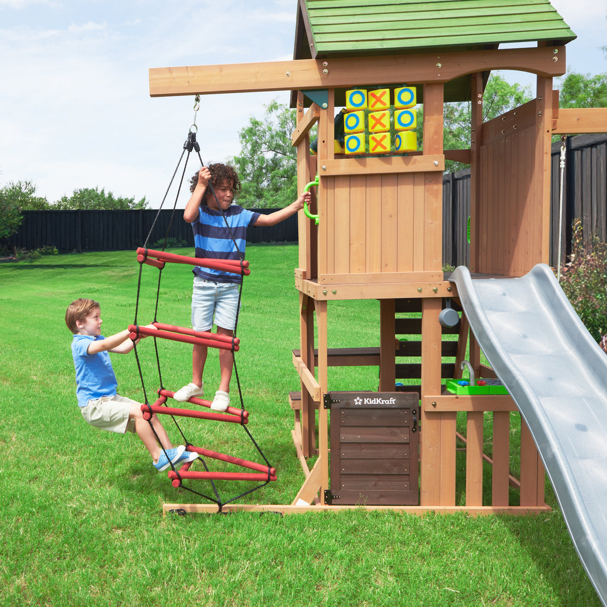 Wooden Outdoor Swing Set with Swings and Wave Slide