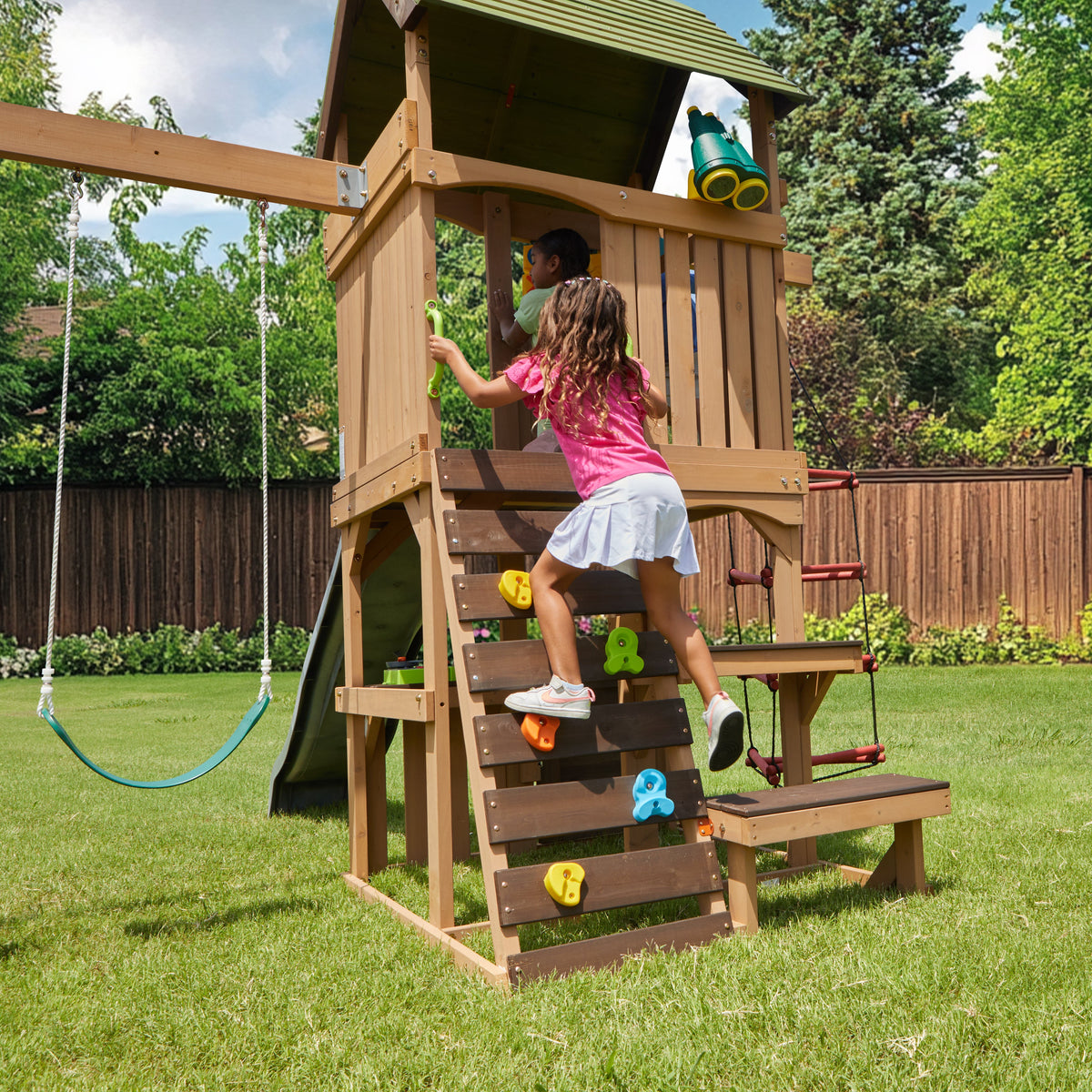 Wooden Outdoor Swing Set with Swings and Wave Slide