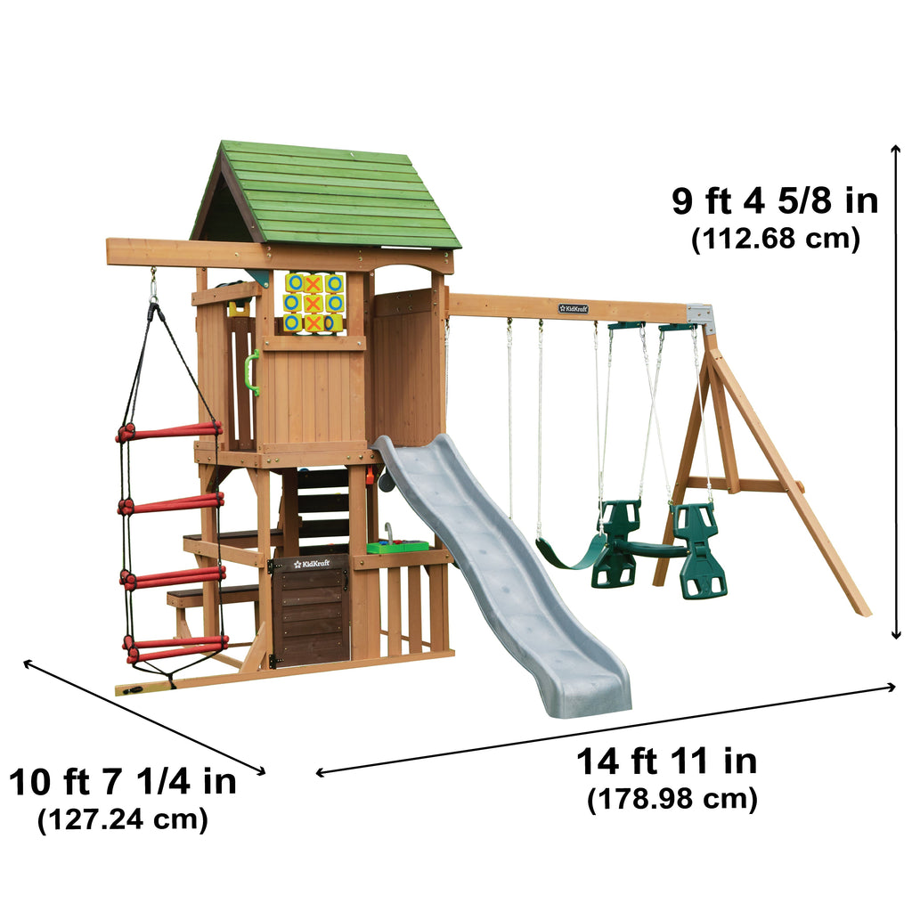 Wooden Outdoor Swing Set with Swings and Wave Slide