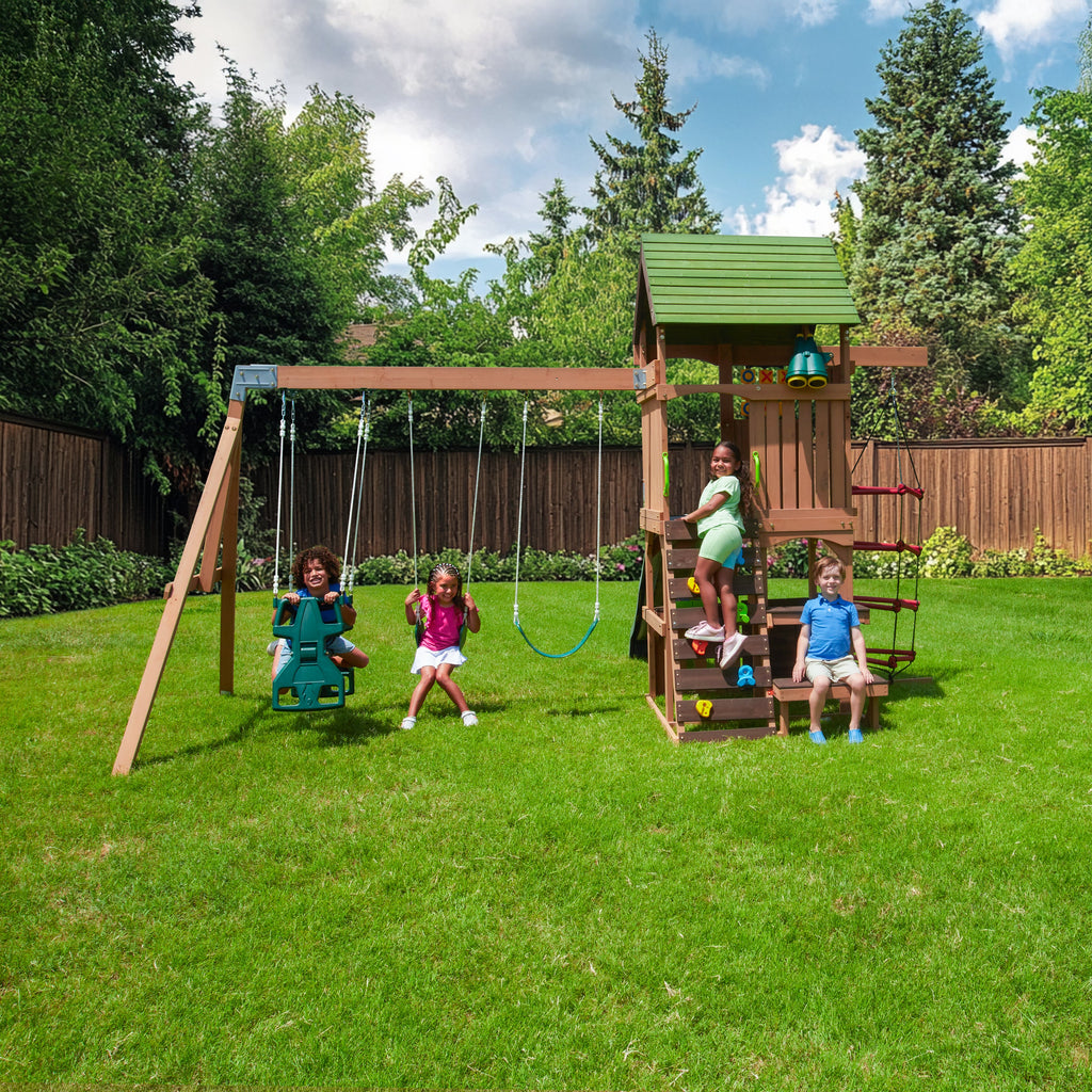 Wooden Outdoor Swing Set with Swings and Wave Slide