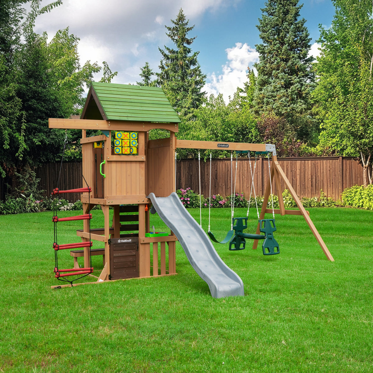 Wooden Outdoor Swing Set with Swings and Wave Slide