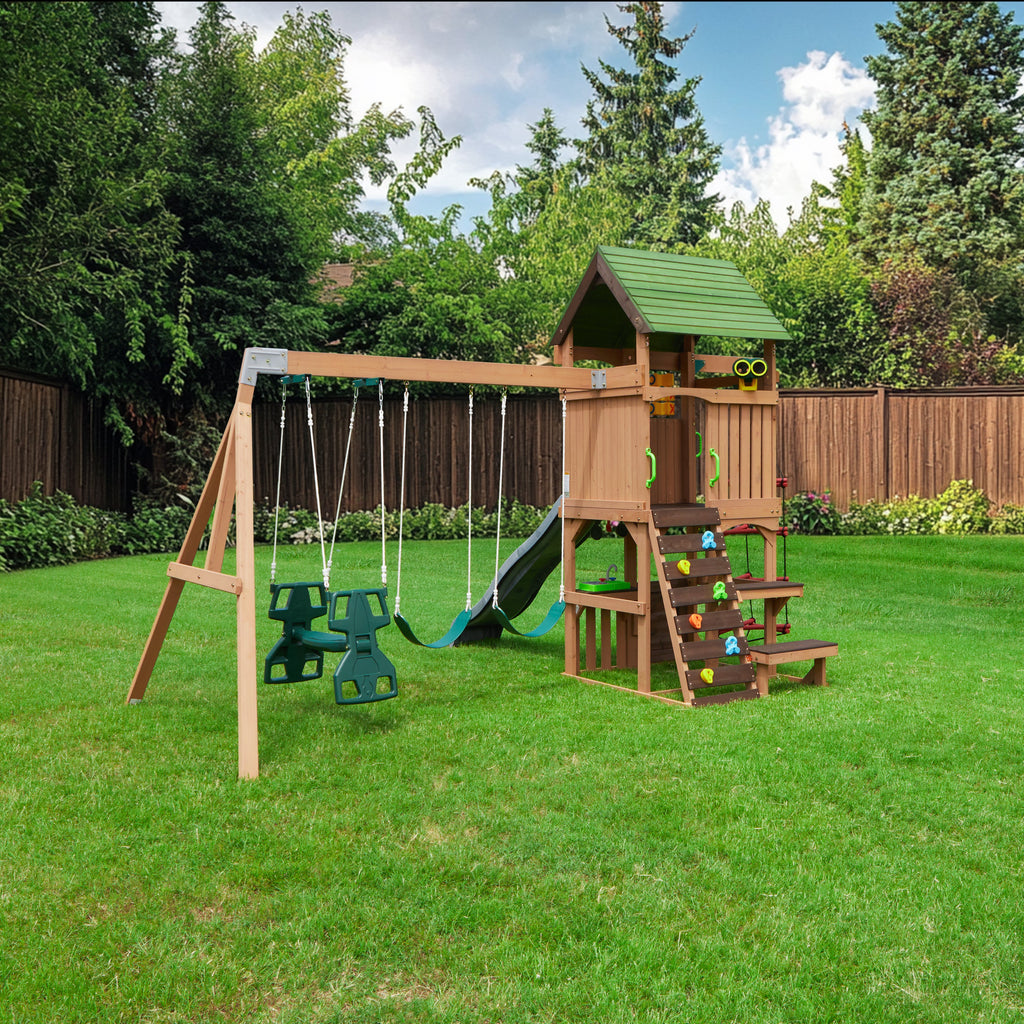 Wooden Outdoor Swing Set with Swings and Wave Slide