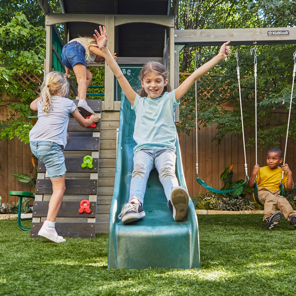 Wooden Outdoor Swing Set with Swings and Wave Slide