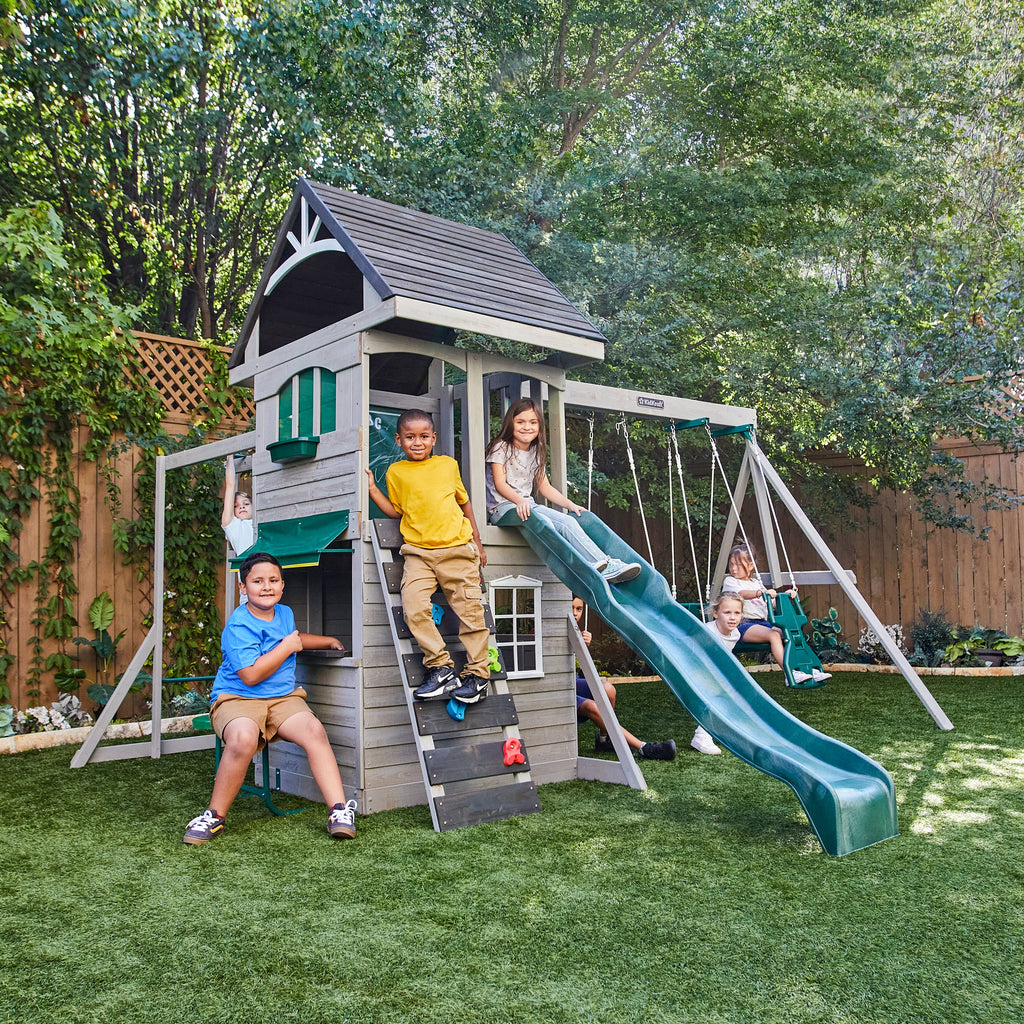 Wooden Outdoor Swing Set with Swings and Wave Slide